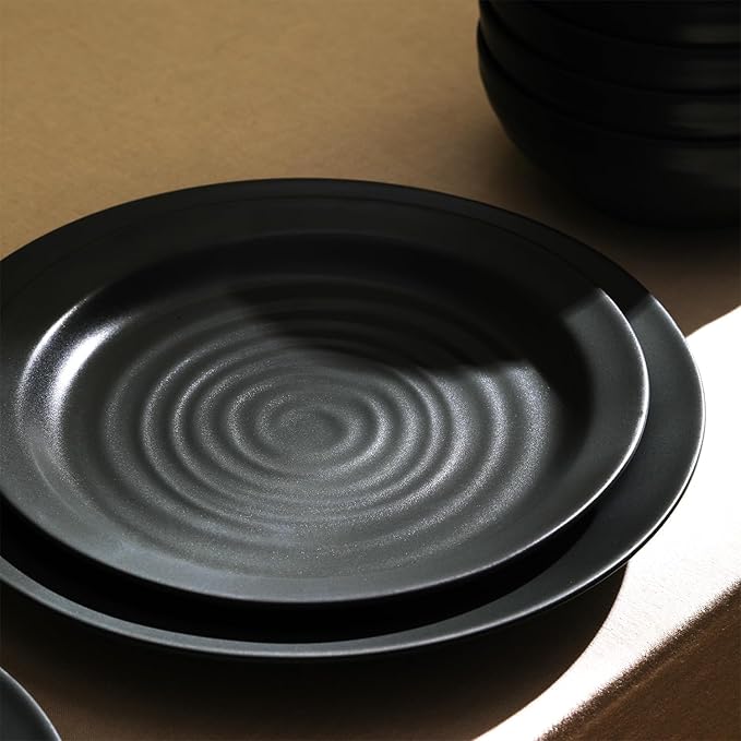 Stone Lain Orbit 12-Piece Dinnerware Set Stoneware, Plates and Bowls Set, Pasta Bowls, Microwave and Dishwasher Safe, Dish Set for 4, Charcoal