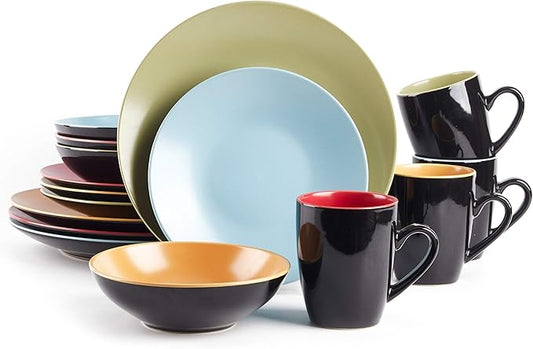 Stoneware Two-Tone Colors Life 16pc Dinnerware Set，Outside Shinny Black + Inside Matte Finished Very Funny - 4 Assorted Colors Turquoise, Olive, Curry and Red