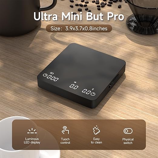 Coffee Scale, 2kg/0.1g High Precision Mini Coffee Scale with Timer, Rechargeable, for Espresso and Pour-Over Coffee
