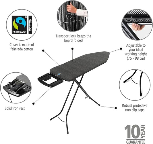 Brabantia - Ironing Board C - Flexible Steam Iron Rest - Adjustable in Height - Non-Slip Rubber Feet - Cover and Pad - Solid Foldable Unit - Denim Black - 49x18 Inches