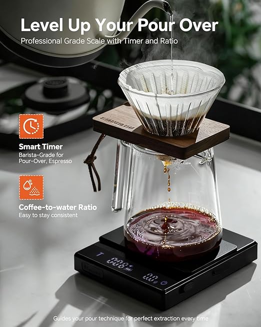 Rechargeable Coffee Scale with Timer - MUVNA Large Digital Pour-Over Scale, 2kg/0.1g Precision for Espresso Weight, Drip, Auto Tare, Brew Ratio, 3 Modes, 1500mAh for Long Standby, Black