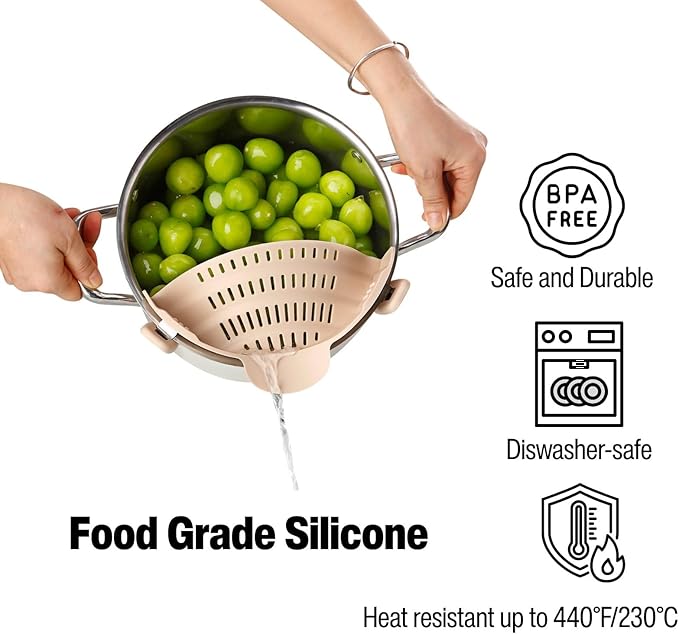 Silicone Pot Strainer, Emptycolor Adjustable Clip On Strainer for Pots Pans, Heat Resistant Pot Drainer, Kitchen Pasta Colander for Vegetables and Noodles (Light Tan)