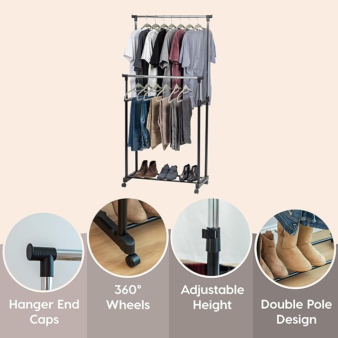 IRIS USA Clothes Rack, Portable Double-Rod Height Adjustable with Lockable Wheels, Rolling Garment Rack, Double Rod Wardrobe Rack, Easy Assemble, for Clothes, Belts, Shoes, and Bags