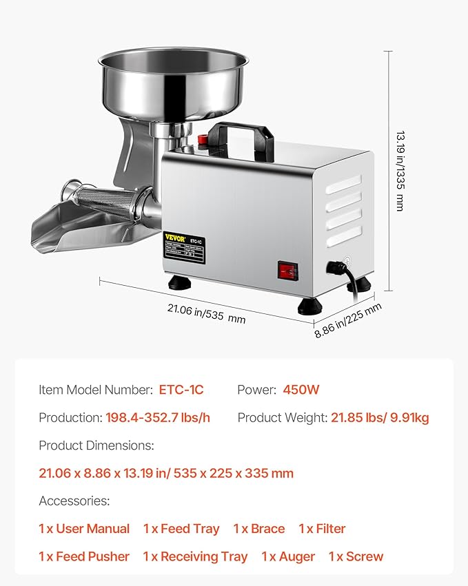 VBENLEM 110V Electric Tomato Strainer 370W Commercial Grade Tomato Milling Machine Stainless Steel Tomato Press and Strainer 90-160 Kg/H Pure Copper Motor Food Strainer and Sauce Maker