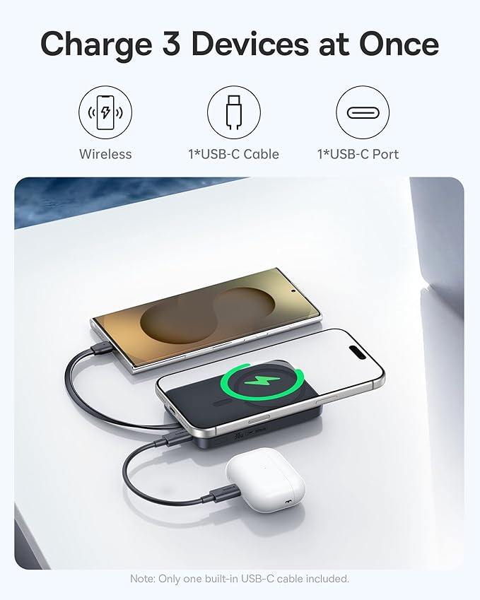 Baseus Magsafe Power Bank, 10,000mAh 30W Magnetic Portable Charger, Fast Charging Wireless Battery Pack with Built-in Braided USB-C Cable for iPhone 17 Pro Max/Air/16/15/14/13, AirPods, iPad and More