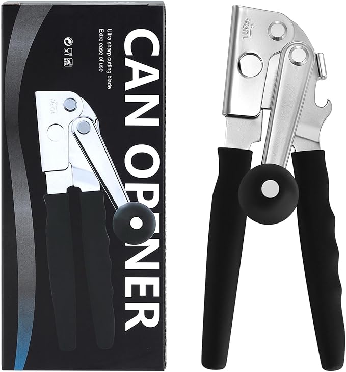Manual Can Opener with Magnetic Lid Lifter – Heavy-Duty Handheld Can Opener for Large Cans with Ergonomic Handle, Bottle Opener Hook, Smooth Edge Cutting
