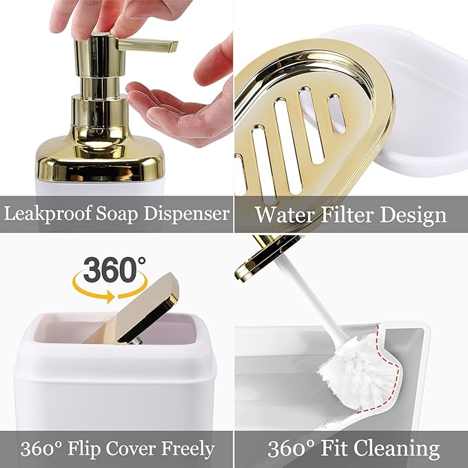 24Pcs White Bathroom Set with Shower Curtain and Rug and Accessories, White Bathroom Accessories with Trash Can,Soap Dispenser,Soap Dish,Toilet Brush,Toothbrush Holder and Cup,Q-Tip Holders