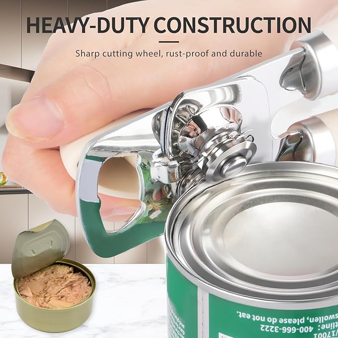 Can Opener Manual, Heavy Duty Stainless Steel Smooth Edge Can Opener With Soft Touch Handle, Oversized Handheld Easy Turn Knob, Multi-Function Bottle Opener, Beige
