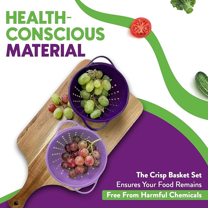 Crisp 2-Piece Mini Colander Berry Baskets With Handles - Food Strainers For Kitchen - Small Colander For Berries, Strawberry & Grape - Dishwasher Safe Berry Strainer - Made in the USA - Purple