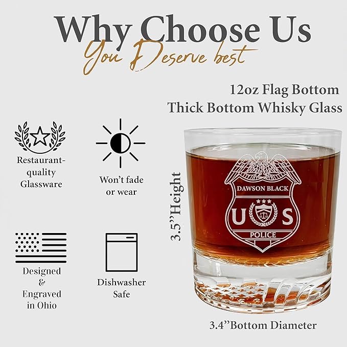 Personalized Police Officer Whiskey Glass, Custom Name & Number Old Fashioned Glass, 12oz Engraved American Flag Drinkware, Gift for Men Dad Retirement (Whiskey, 1-Police)