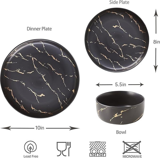 Black Gold Splash Dinnerware Sets, Marble Porcelain Plates and Bowls Sets, Modern Luxury Dish Set for 4, 12 Pieces Fine China Plates Set for Formal Dinners and Anniversaries