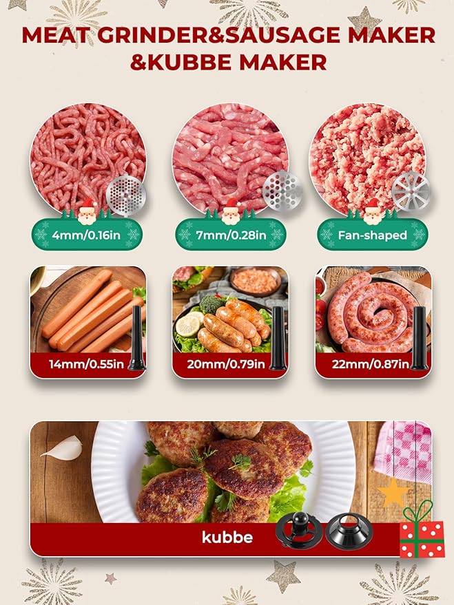 Meat Grinder Electric 3200W Heavy Duty Meat Grinders Chopper Machine Touch Control Multifunctional with Cutting Blade 3 Grinding Plates 3 Sausage Stuffers Kubbe Kit for Household & Commercial