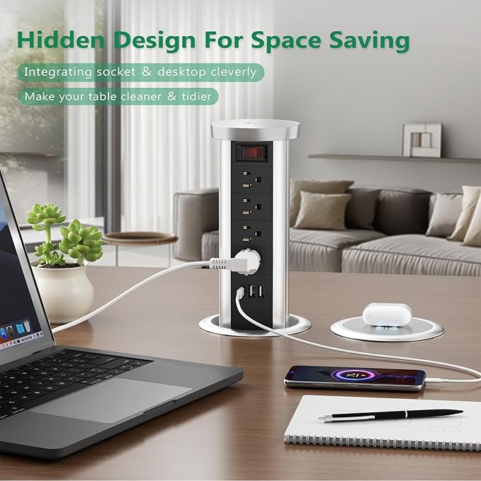 Pop Up Outlet Countertop with 10 W Wireless Charger, 4 Outlets,3 USB Ports, Splash Resistant, Automatic Pop Up Outlet for Kitchen Counter Islan, Office Conference Table