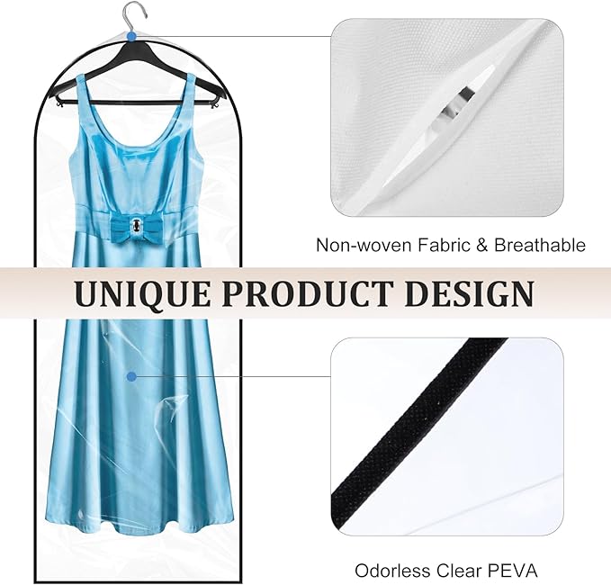 4 Pack 60" Clear Garment Bags for Hanging Clothes, with Smooth Side Zipper, Hanging Garment Bags for Closet Storage, Long, for Shirts, Coats, Dresses, Suits