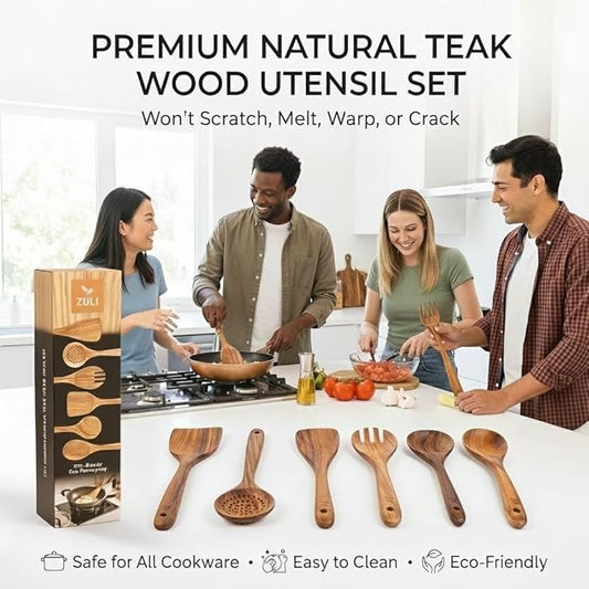 6-Piece Teak Wooden Cooking Utensil Set – Spoons & Spatulas for Nonstick Cookware, Eco-Friendly Kitchen Tools, Gift-Ready & Durable