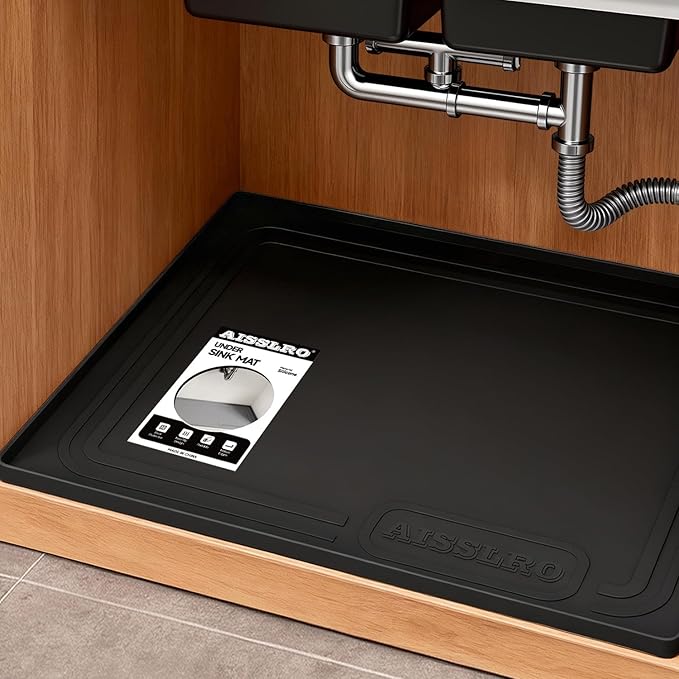 Under Sink Mat 28" X 19", Waterproof Silicone Under Sink Mats for Kitchen, Anti-Leak Shelf Liner & Cabinet Protector with Raised Edge, [BPA Free] Bathroom Tray Home Organizer, Black