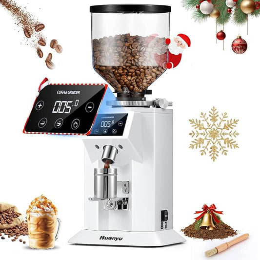 Huanyu Commercial Coffee Grinder with 74mm Flat Burr Reinforced 53oz Bean Hopper (40% Thicker), 15 Stepless Grinds, Touch Screen White