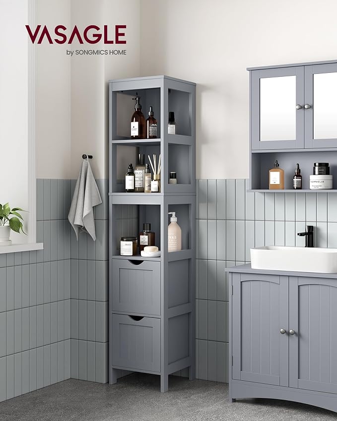VASAGLE Storage Cabinet, Storage Organizer Rack Stand for Bathroom, Living Room, Bedroom, Multifunctional Corner Unit, 2 Drawers, 55.7 Inches in Height, Dove Gray UBBC066G02