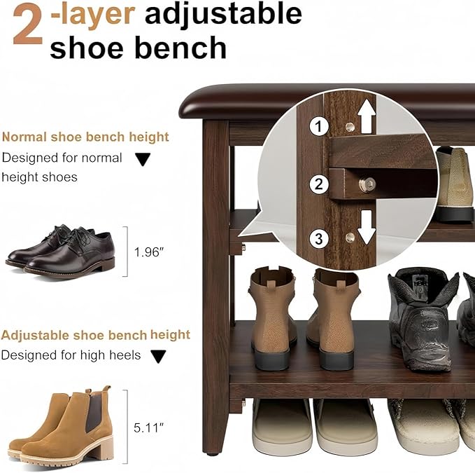 Shoe Bench Storage with Leather Cushion, Rustic Solid Wood Entryway Bench with 2 Height-Adjustable and Removable Shelves for Hallway, Living Room, Mudrooms (Dark Brown,47.2")