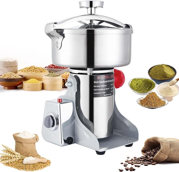Electric Grain Mill Grinder 3600W Dry Material Grinding Machine 2000g Stainless Steel Pulverizer 36000r/min High-speed Grain Mill 270° swingable Superfine powder for Home and Commercial 2000g