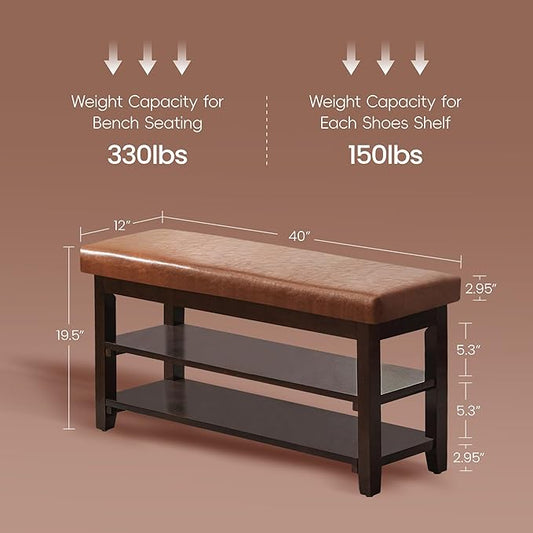 40" Shoe Bench with Leather Cushion, 2-Tier Shoe Rack Entryway Bench, Wood Bench for Front Door Entrance, Mudroom, Hallway, Wooden Shoe Shelves, Shoe Organizer, Shoe Storage, Light Brown