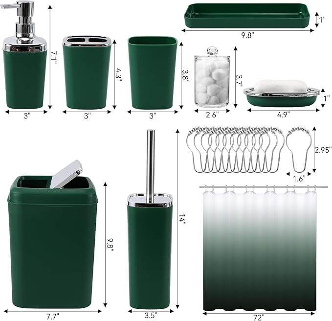 Green Bathroom Accessories, Dark Green Bathroom Set with Shower Curtain, Trash Can, Vanity Tray, Soap Dispenser, Soap Dish, Toothbrush Holder and Cup for Home Decor