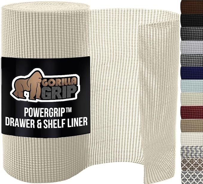 GORILLA GRIP powerGRIP Drawer Shelf and Cabinet Liner, Thick Strong Hold, Non-Adhesive Liners Protect Kitchen Cabinets and Cupboard, Bathroom Drawers, Easy Install, Breathable Mat, 20" x20', Cream
