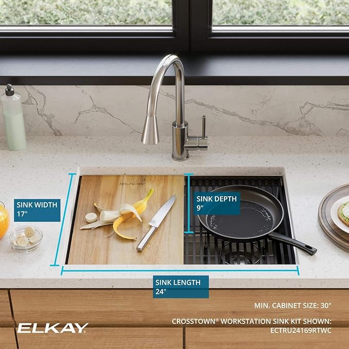 Elkay ECTRU24169RTWC Crosstown 25-1/2" Undermount Single Basin Stainless Steel Kitchen Sink with Basin Rack, Basket Strainer, Colander, and Cutting Board - Stainless Steel