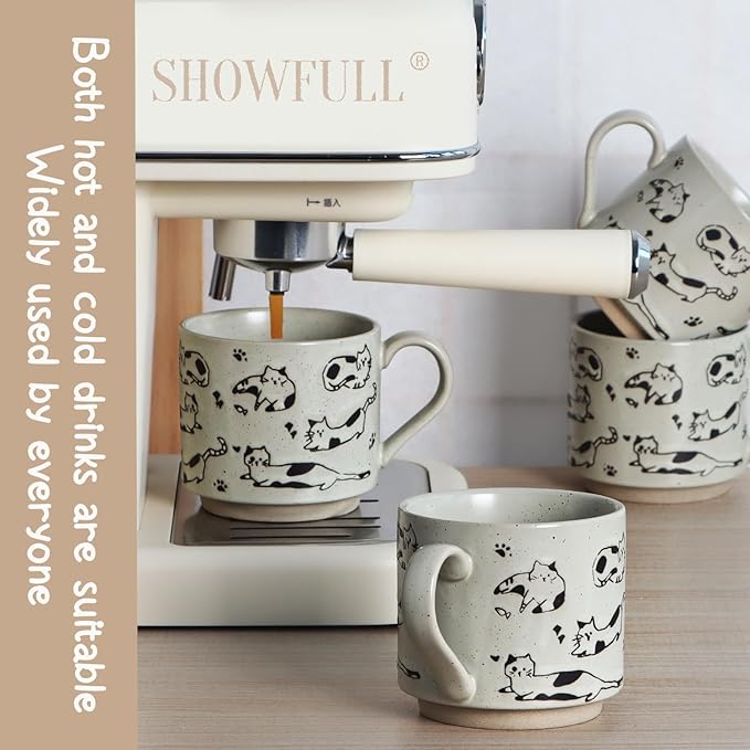 Stackable Coffee Mugs Set of 4, Aesthetic Cute 10 OZ Small Ceramic Espresso Cups Vintage Stoneware Tea Cup for Cappuccino Latte, Cat