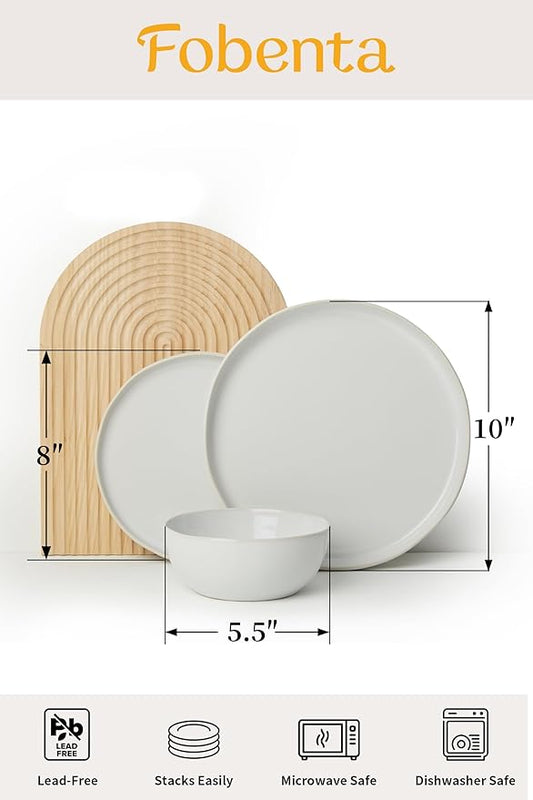 FOBENT Minimalist Dinnerware Set,24 Piece Fog White Plates and Bowls Set for 8 – Sculpted Ceramic Dish Sets for Gatherings with Grace