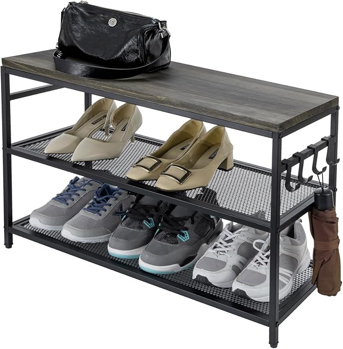 MyGift 28 Inch Black Metal Shoe Stand with 2 Mesh Shelves Rack and Vintage Gray Solid Wood Top Storage Shelf, 3-Tier Rustic Industrial Entryway Organizer Bench Includes 4 Hanger Hooks