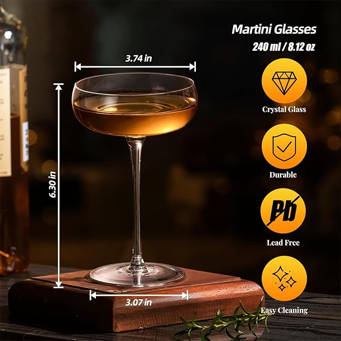 KAMMAK Martini Glasses Set of 2, 8.12 oz Clear Crystal Cocktail Glasses with Stem, Reusable Cocktail Glassware for Wedding Birthday Party, Bar, Margarita, Whiskey, Gin, Tequila, Zhuofan 2065