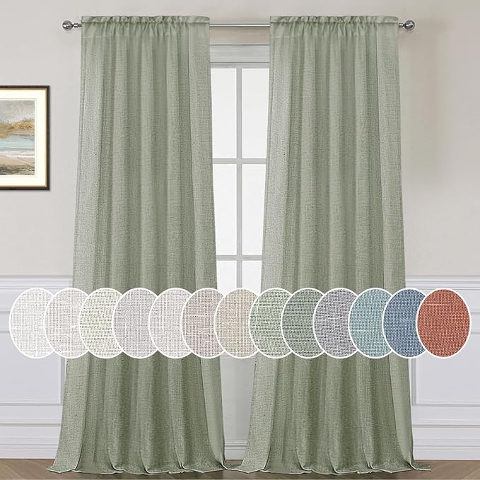 H.VERSAILTEX Linen Curtains Elegant Natural Linen Semi Sheer Curtains Energy Light Filtering Rod Pocket Window Treatments Panels for Living Room (Set of 2, Sea Grass, 52 inch W X 96 inch L)