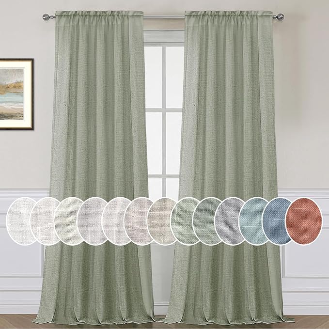 H.VERSAILTEX Linen Curtains Elegant Natural Linen Semi Sheer Curtains Energy Light Filtering Rod Pocket Window Treatments Panels for Living Room (Set of 2, Sea Grass, 52 inch W X 108 inch L)