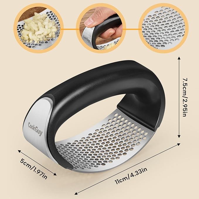 Cook Guy 304 Stainless Steel Garlic Press Rocker Set - Premium Garlic Mincer, Crusher, Peeler and Scraper Tool for Effortless Mincing - Comfortable Grip Garlic Grinder (Silver)