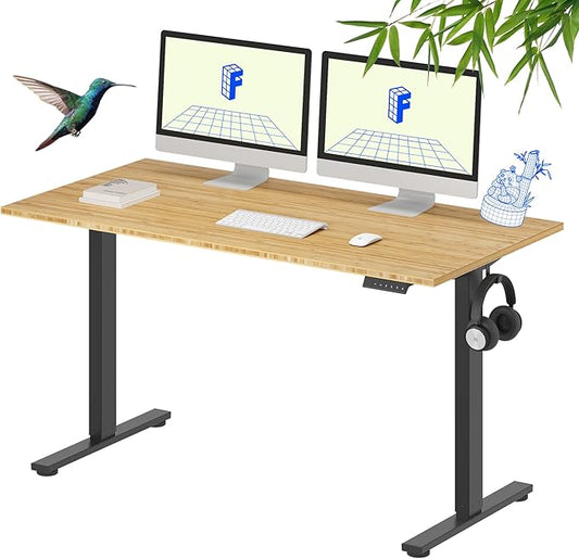 FLEXISPOT EN1 Bamboo Standing Desk, 55 x 28 Inches One-Piece Electric Height Adjustable Desk (Black Frame + Bamboo Top, 2 Packages)