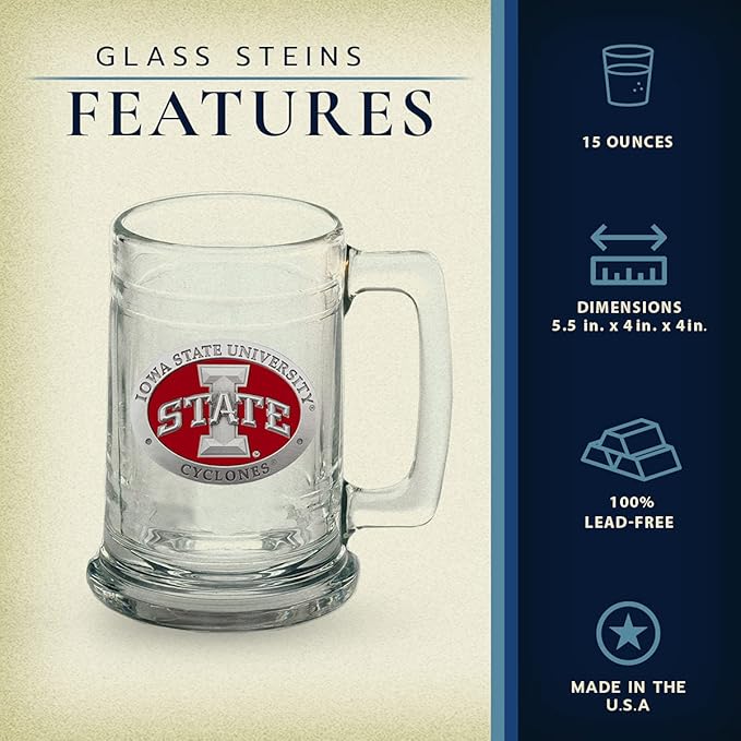 Heritage Pewter Iowa State Beer Stein Glass | 15 Ounce German-Style Beer Glass | Intricately Crafted Metal Pewter Alma Mater Inlay