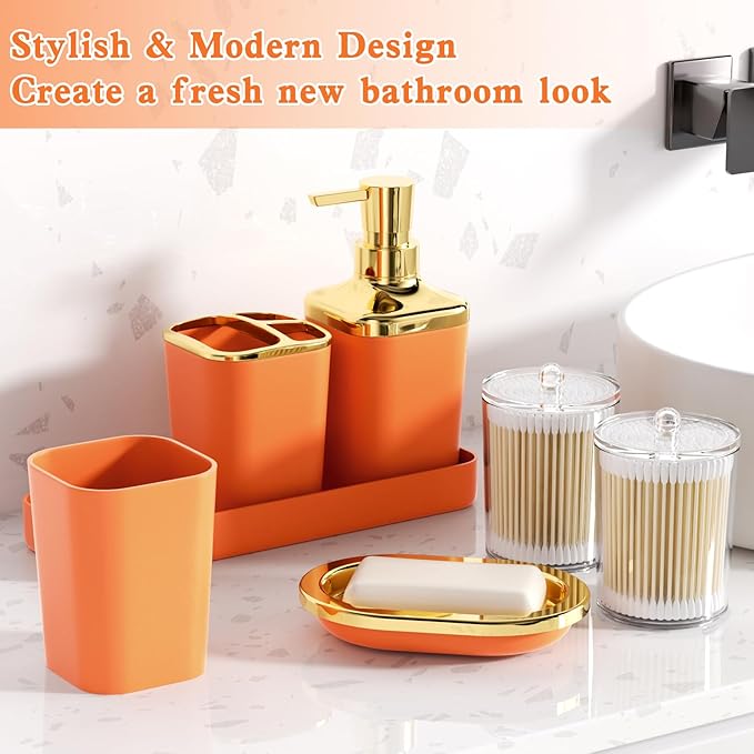 Orange Bathroom Accessories, 24 Pieces Orange and Gold Bathroom Accessories Set with Shower Curtain, Bath Towels, Trash Can, Soap Dispenser and Soap Dish for Bathroom/Housewarming