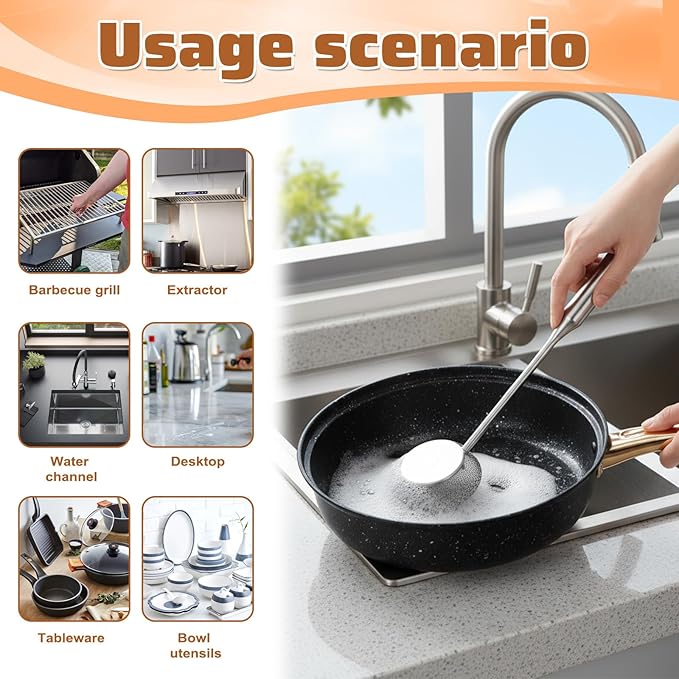 8 Pack Stainless Steel Scrubber with Handle Brush Set, 1 Long Brushes,2 Short Brushes,4 Wire Sponge Pads,1 Screwdriver for Cleaning Pots, Pans, Grills, BBQ, Dishes and Sink, Home Cooks