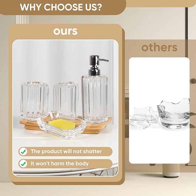 Clear Bathroom Accessories Set, Bathroom Accessories Set, 4 Pcs Acrylic Bathroom Accessories Sets Hand Sanitizer Bottle, Lotion Can, Separate Bottle, Soap Box, Toothbrush Cup(Clear)