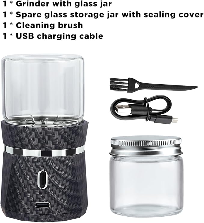 Unique Electric Herb Grinder, Small Spice Grinder Electric herb Grinders Mini Size 2x3.5inches with 2pcs 1.7oz/50ml Glass Jar Herb Jar Portable Grinders Rechargeable Automatic herb Grinder