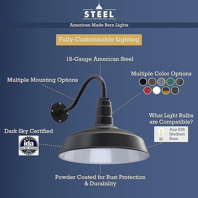 Steel Lighting Co. | Dusk to Dawn | Gardena Barn Light | Outdoor Wall Mounted | 16" Dome | 11" Gooseneck | Farmhouse Light Made in America | Dark Bronze Exterior/White Interior