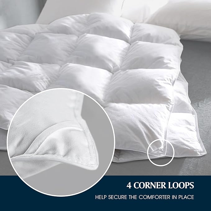 Serta Down Fiber Comforter Queen Size-All Season Duvet Insert, Luxury Fluffy Bed Comforter 100% Cotton 300 Thread Count Shell, Down Feather Fiber 500 Fill Power with Corner Taps, White 90x90inch