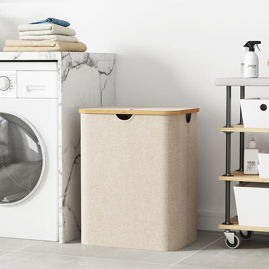 Lifewit 120L Large Laundry Hamper with Lid, Foldable 2 Section Laundry Basket with Bamboo Handles and Removable Bags for Laundry Room, Bathroom, Bedroom, Beige