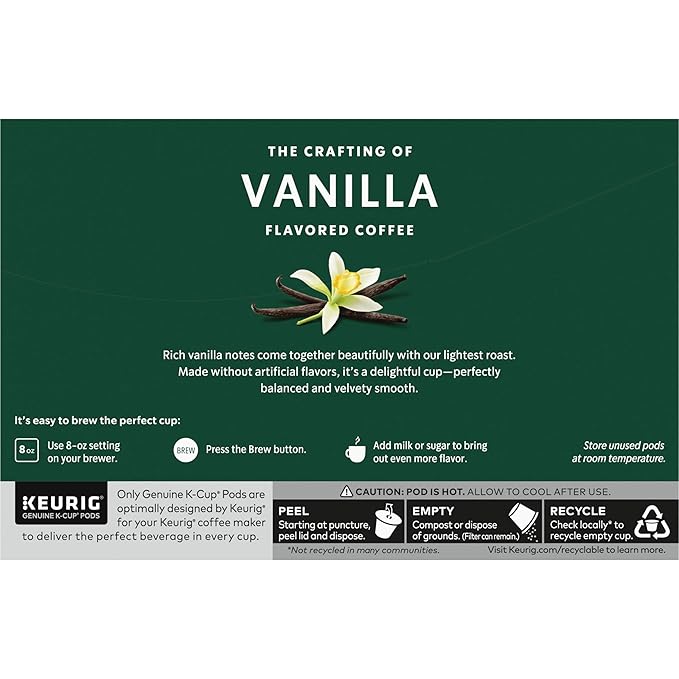 Starbucks K-Cup Coffee Pods, Vanilla Flavored Coffee, Naturally Flavored, 100% Arabica, 1 box (10 pods)