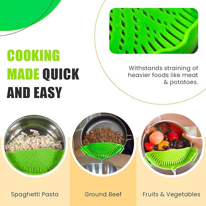 Clip On Kitchen Food Strainer for Spaghetti, Meat, Pasta, & Ground Beef Grease, Colander & Sieve Snaps or Clips Onto Bowls, Pots & Pans Includes Silicone Drainer, Brush & Garlic Peeler (Green)