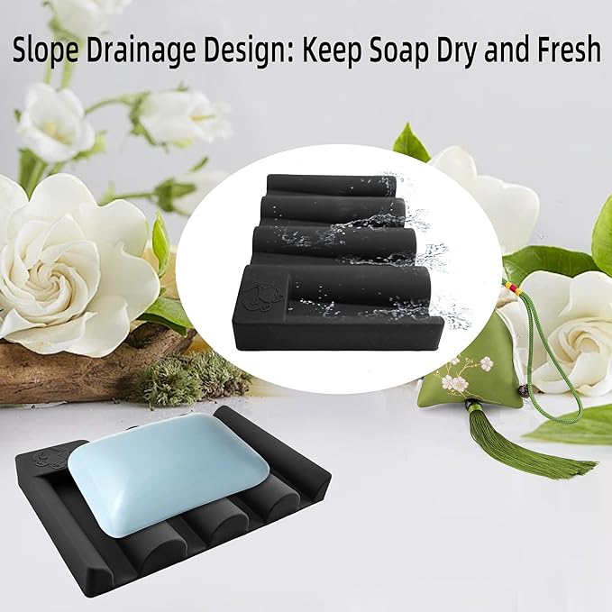 Silicone Soap Dish, Self Draining Soap Holder Perfect for Shower, Bathroom Sink, Kitchen Sink & Travel, Non-Slip Bar Soap Holder Extend Soap Life, Keep Soap Bars Dry Clean & Easy Cleaning (Black-2PCS)