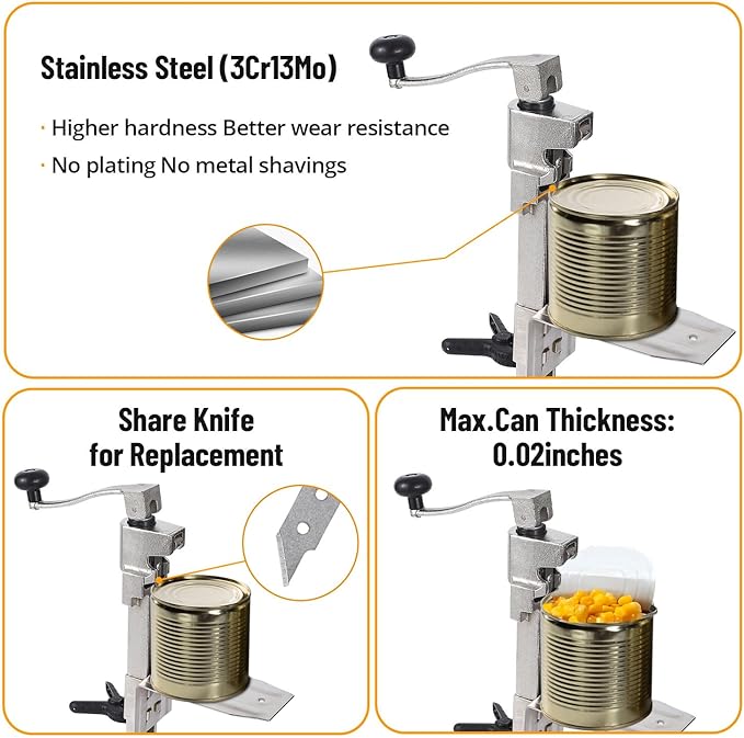 GarveeHome 11.8”/30 cm Manual Table Can Opener, Heavy Duty Commercial Countertop Can Opener with 3 Spare Blades, with Stainless Steel Blade and Plated Steel Base, Cast Iron