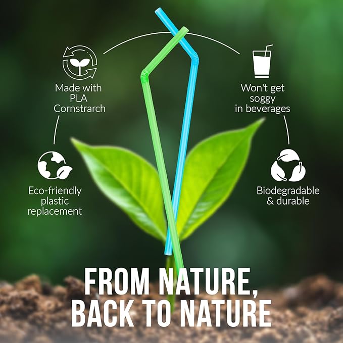 Weemium Compostable Straws Disposable [300 Pack] 8.25" | 100% Plant-Based Plastic-free PLA, Disposable and Biodegradable | Flexible Colorful Drinking Straws are Best Alternative to Plastic