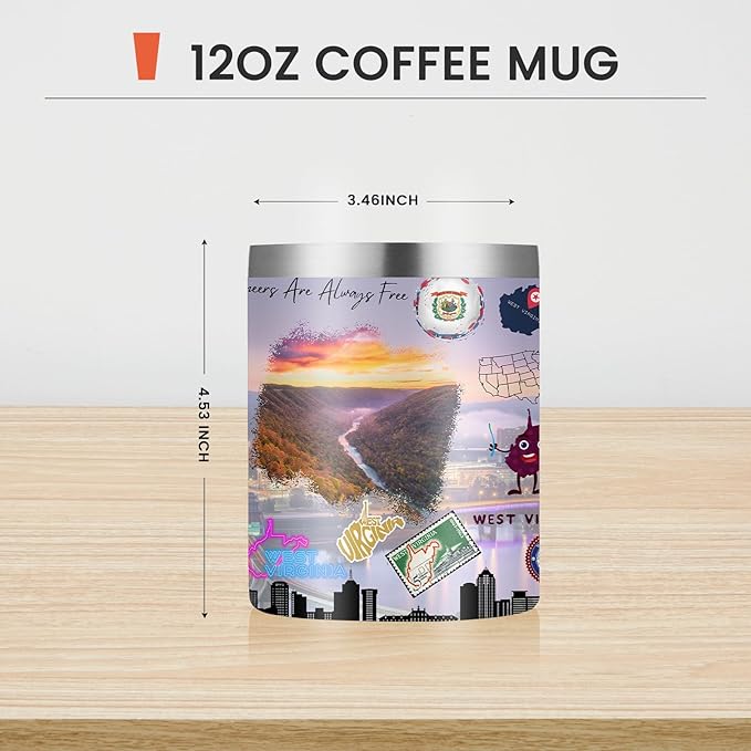 12oz Coffee Mug West Virginia State Insulated Coffee Cups, United States Map Travel Mug Landmark, Birthday Gifts Cute Mugs with Lid and Straw Gifts for Mom